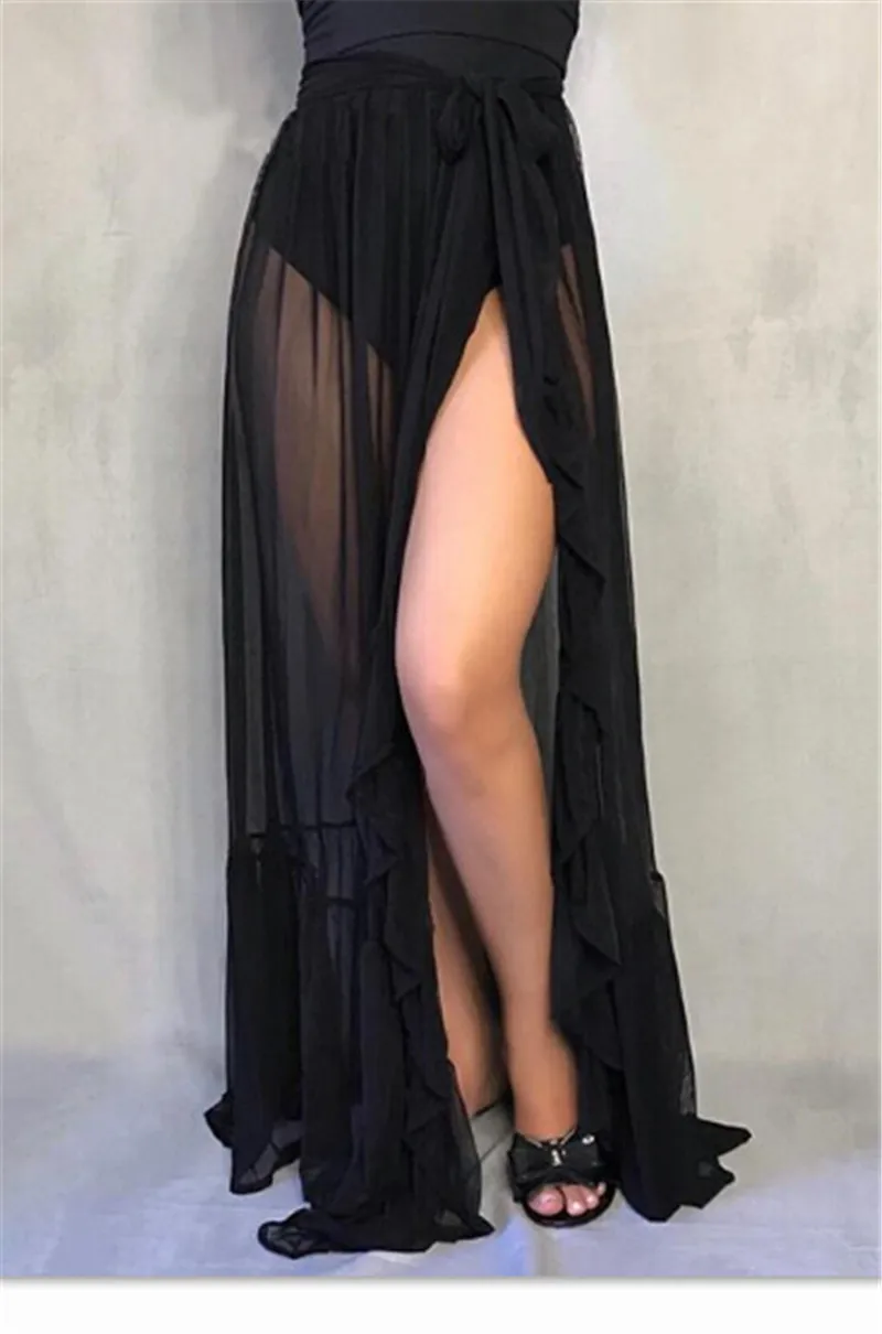 Sexy Women Mesh Sheer Beach Bikini Cover Ups Vacation Sunscreen Wrap Skirt 2020 New RufflesDot High Waist Split Bikini Cover Up