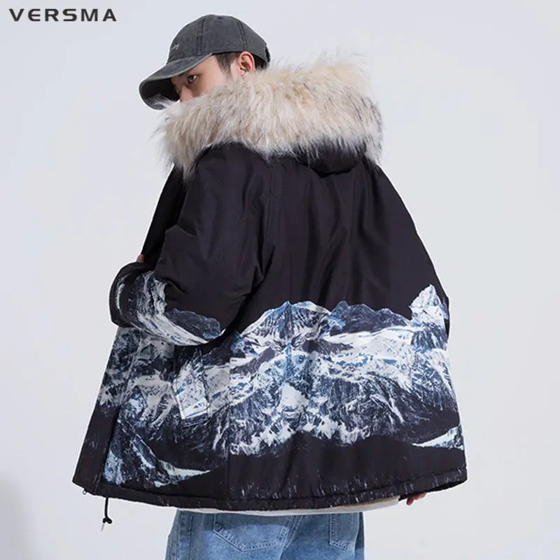 VERSMA Warm Mountain Print Winter Jacket Coat Parka Men Fur Collar Thick Russian Winter Coats Windbreaker For Men Plus Size 5XL