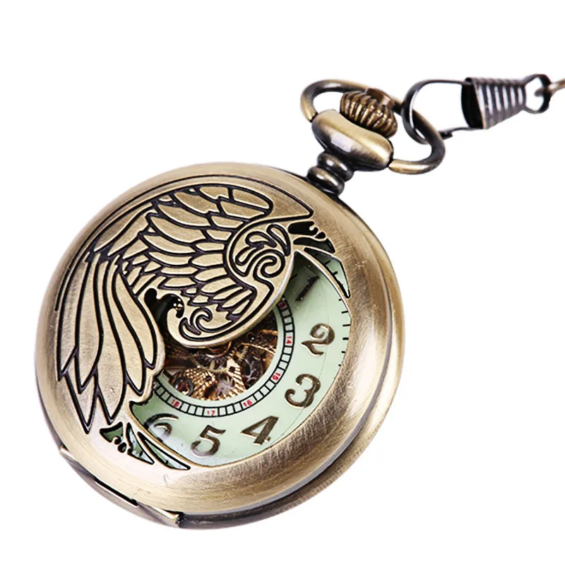 Bronze large thick chain half face carved eagle pattern luminous luminous gold machine automatic weapon pocket watch