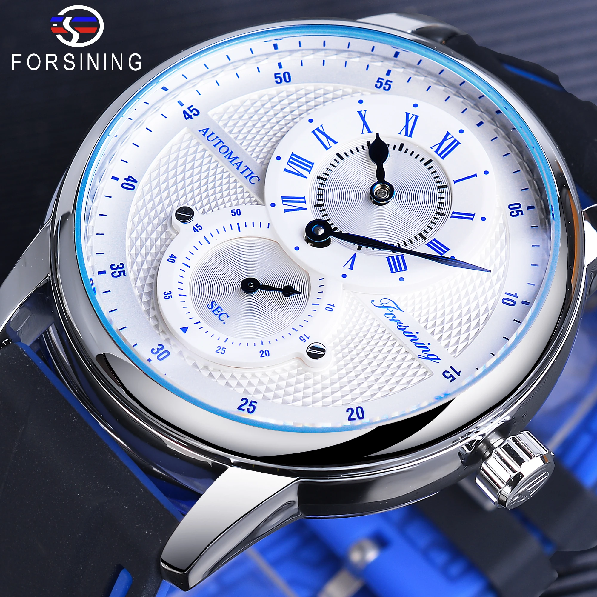 Forsining Fashion White Blue Automatic Wristwatch Transparent Waterproof Men Mechanical Watch Silicone Band Casual Sport Clock