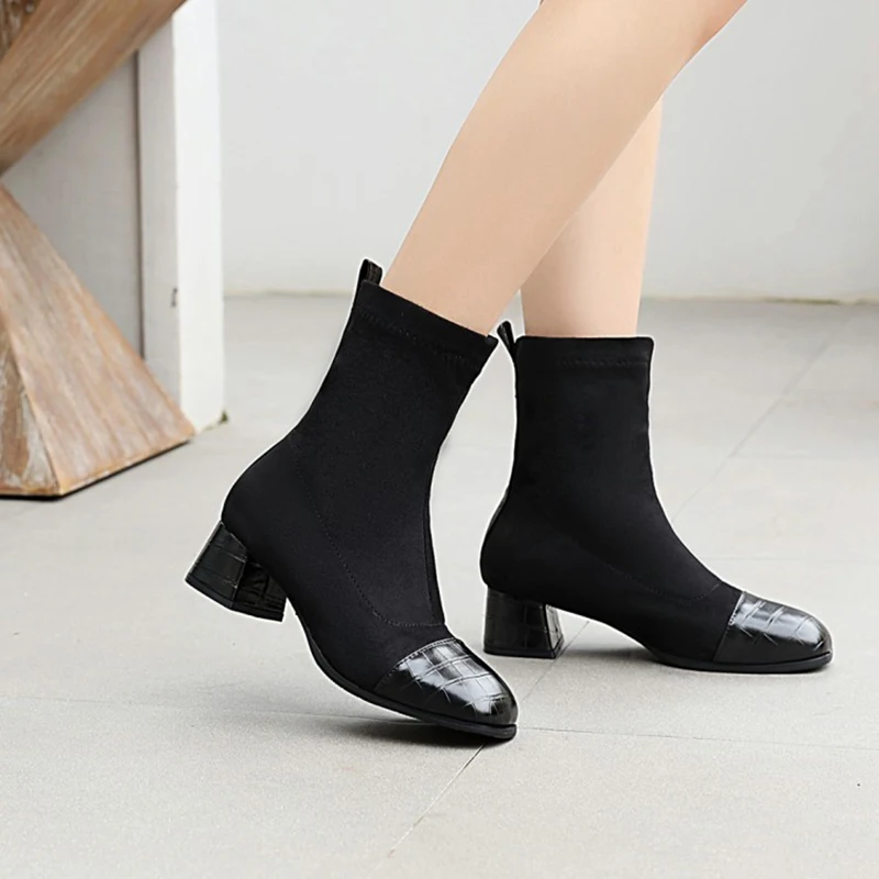 Kolnoo New Style 4.5cm Block Heel Boots Patchwork Leather Real Photos Black Party Prom Ankle Boots Evening Fashion Winter Shoes