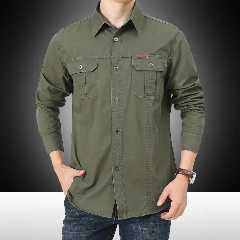 Męskie koszule w stylu militarnym, uniformy, rozmiary 3XL 4XL 5XL 6XL, duże rozmiary plus size, bawełniane, brytyjskie, z długim rękawem, koszule cargo męskie 2026, kolor zielony wojskowy (US Army Green)