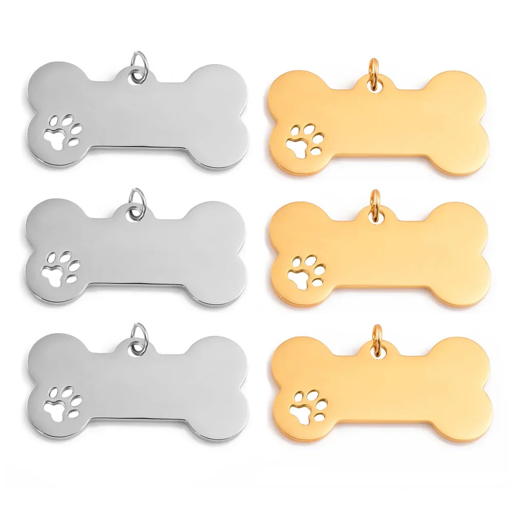 5Pcs High Quality Dog Bone Paw Print Tags Pendant Charm Dog ID Stainless Steel Blank Dog Tags 2 colors Both side Polished