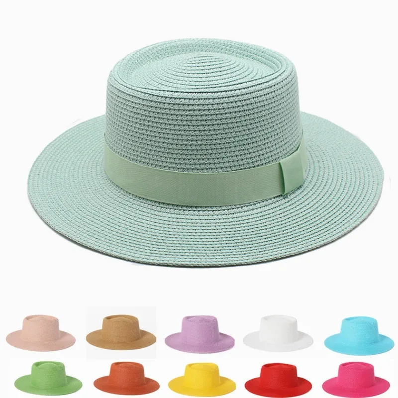 

Summer Straw Hat Men Women Wide Brim Fedora Sun Beach hat Porkpie Hat flat top flat brim top hat outdoor leisure sun