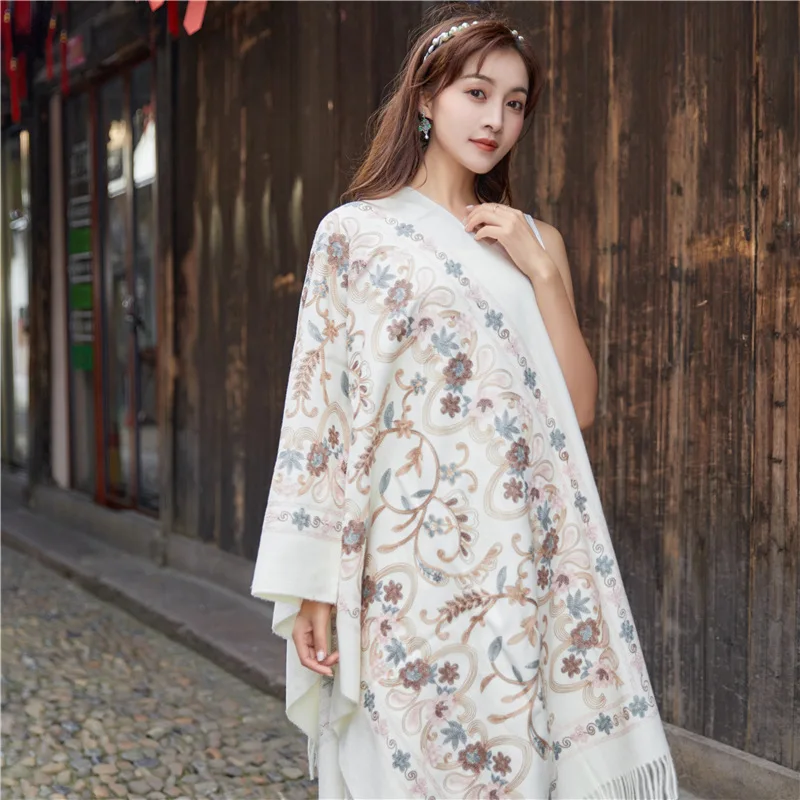 

Artificial Cashmere Tassels Pashmina Shawls Autumn Warm Women Scarf Wrap Large Size Cape Bufanda Embroidery Echarpes Poncho