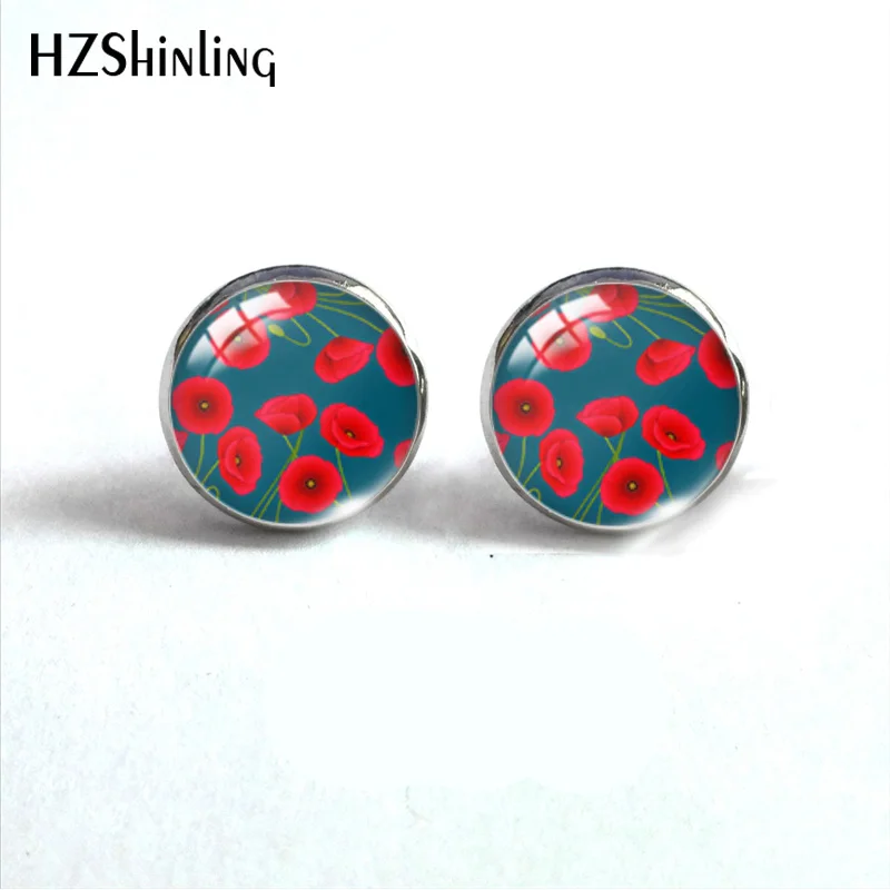 vintage Poppies Flower Pattern Round Glass Cabochon 12mm Stud Earrings Jewelry