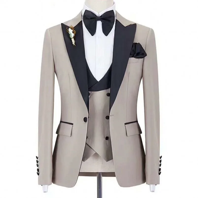 

Hot Sale Groomsmen Beige Groom Tuxedos Peak Black Lapel Men Suits Wedding 3 Pieces Blazer ( Jacket+Pants+Bow Tie+Vest ) C409