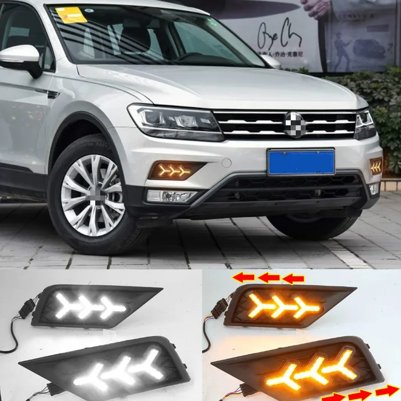 1Pair Car light for Volkswagen VW Tiguan 2017 2018 2019 DRL Daytime Running Light with Yellow Turn signal fog lamp