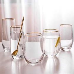 Large Clear Juice Wine Cups Transparent Wine Glass with Gold Rim Crystal Glass Lead-free Drinkware Thicken Bottom Water Cup