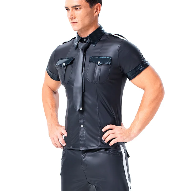 Sexy Black Faux Leather Shirt Wet Look Stretch Undershirt Latex Novelty Short Sleeve Buttons Uniform Clubwear Stage Costume