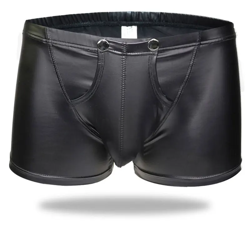 Sexy Men Faux Leather Cock Ring Boxer U Convex Pouch Shiny Boxers Underwear Sheathy Cool Male Gay Wear Penis Pouch Plus Size F10