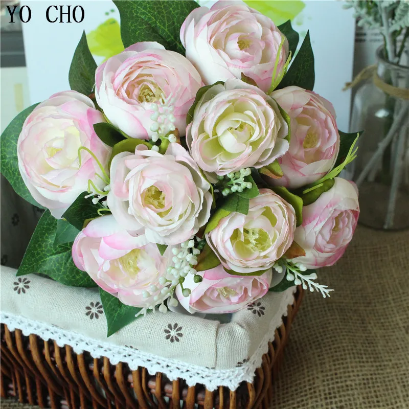 10 Heads Silk Tea Roses Artificial Flowers Fake Rose Bouquet for Wedding Bridal Holder Table Home Indoor DIY Decor Fake Flowers