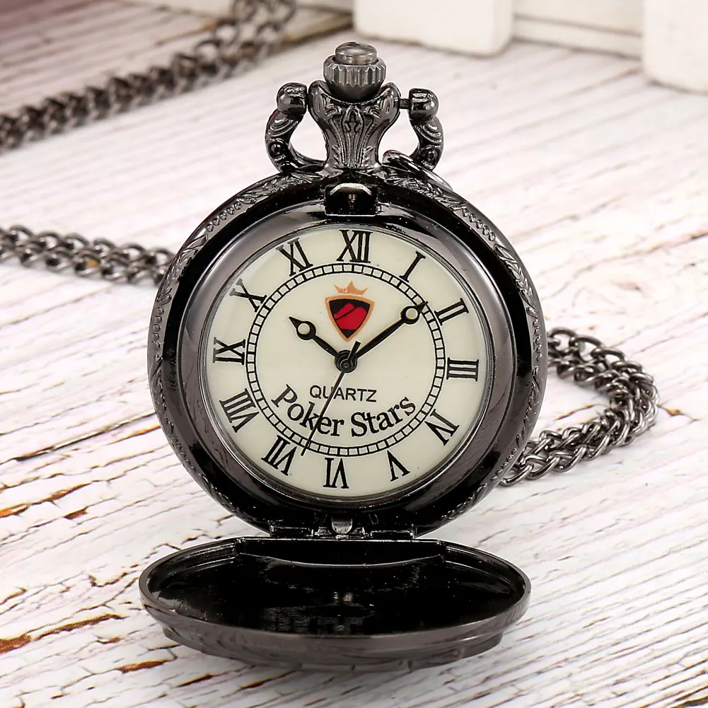 Classy 3D Poker Black/Silver Flush Poker Cards Pattern Necklace Watch Pendant Chain Clock Quartz FOB Pocket Watch for Men Women