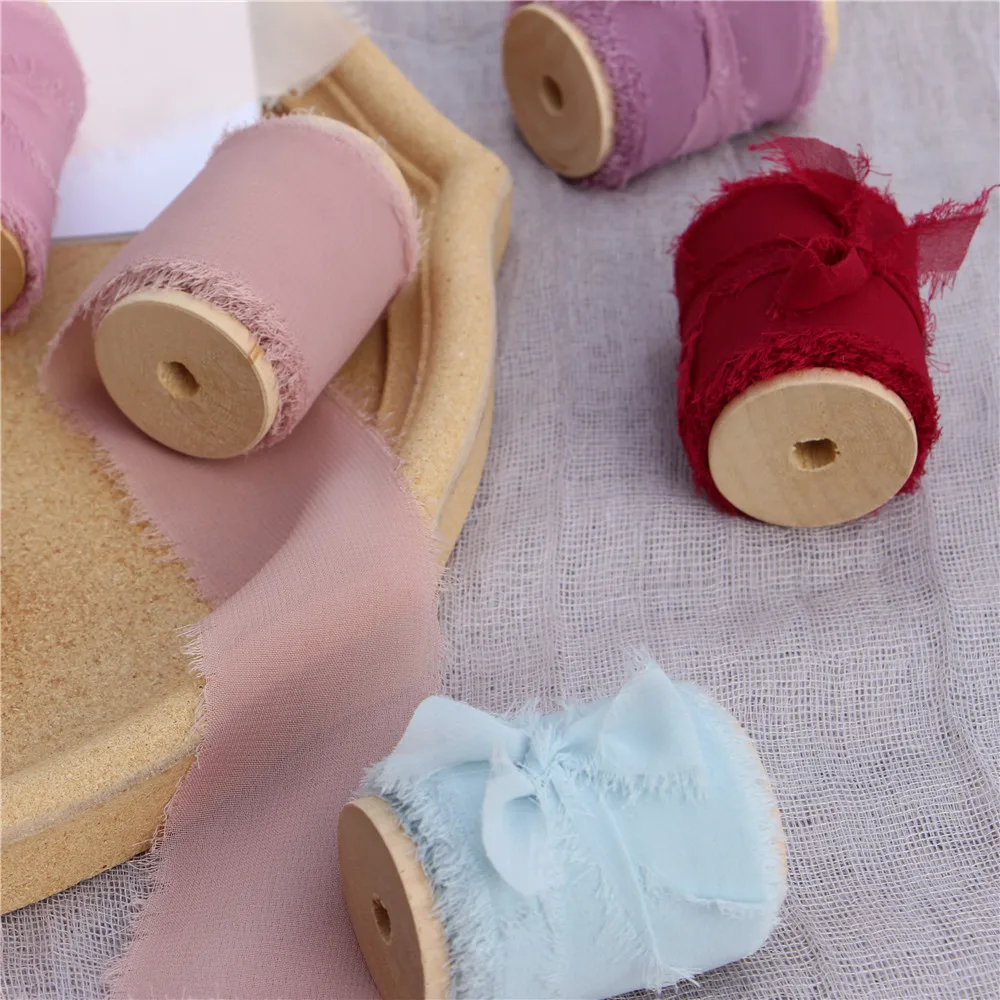 4 pcs Handmade Frayed Edged Chiffon Silk Ribbon with Wood Spool Wedding Invitation Bouquets 4cmx5.5m Sheer Fringe Ribbon Flatlay