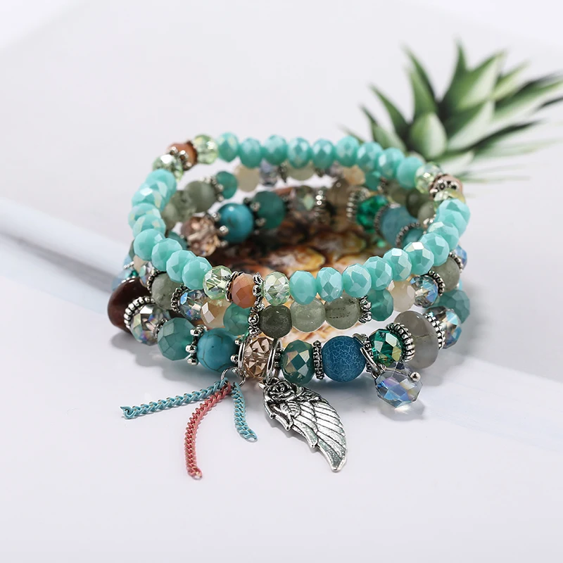 

Bohemian Multilayer Colorful Beads Bracelets For Women Crystal Stone Bracelets Wings Pendant Charm Bracelets Set Jewelry