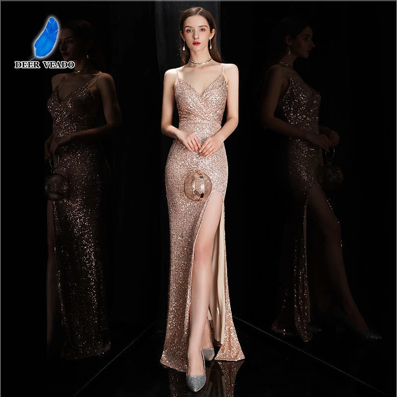 

DEERVEADO Strap Prom Dresses Long Sequin Mermaid Evening Party Dress for Women Sexy V Neck Bodycon Maxi Dress Slit Prom Gown