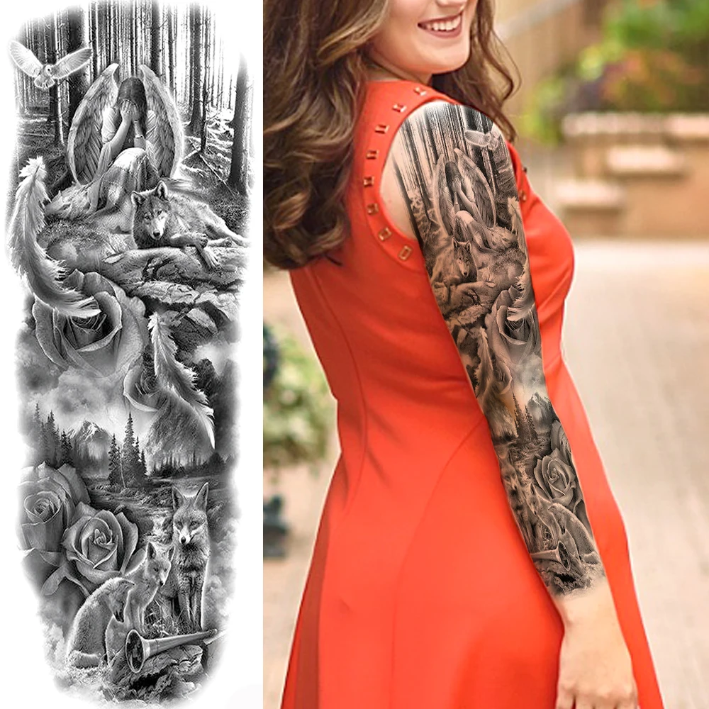 Angel Full Arm Temporary Tattoos Sleeves For Women Men Adults Realistic Dove Rose Clock Fake Tattoo Sticker Washable Tatoos Show