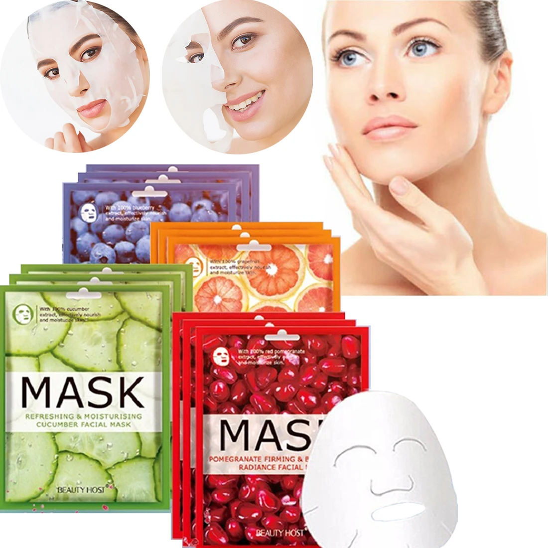 

10pcs Natural Fruit Facial Mask Cucumber Pomegranate Blueberry Moisturizing Hydrating Whitening Oil Control Sheet Mask Face Care