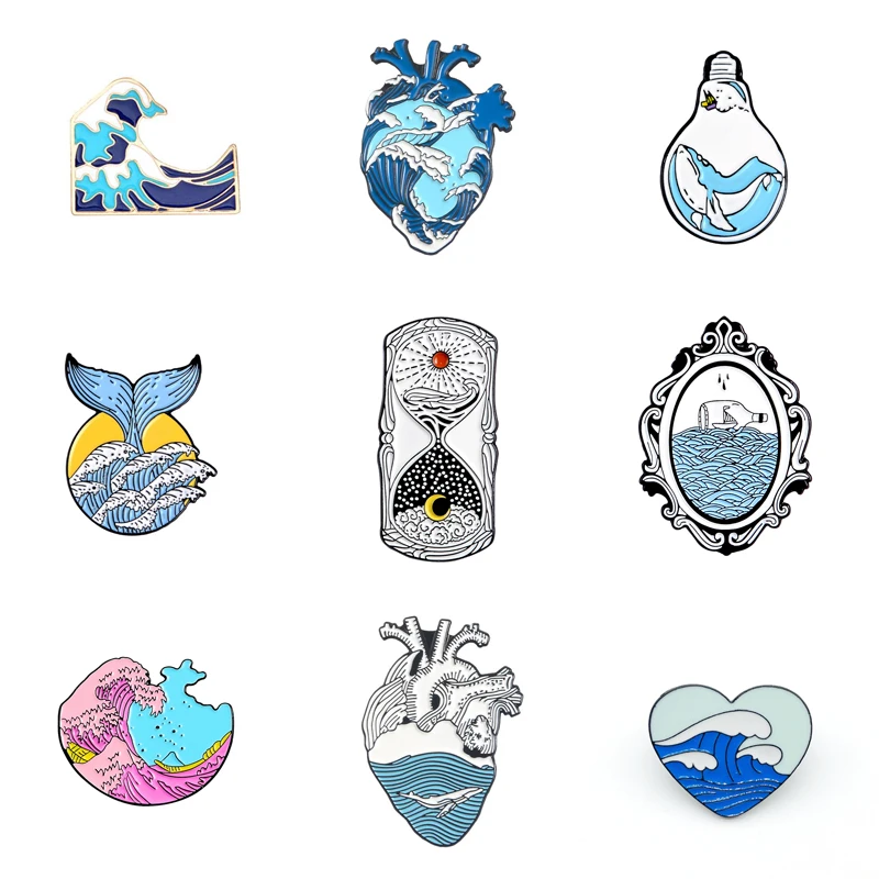 Cartoon waves Enamel pins Custom Organ Heart Brooches Drifting Bottle Mermaid tail Whale Bulb Backpack Badge Jewelry for Friends