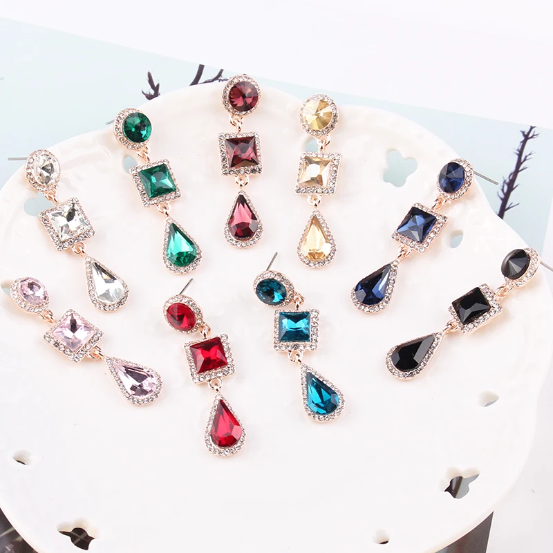 LUBOV Long Earrings White Blue Three Square CZ Stone Crystal Dangle Drop Earrings for Women Fashion Pendientes Jewelry Christmas