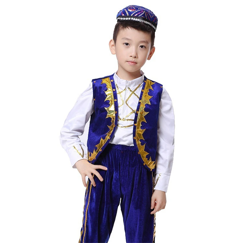 Ropa musulmana tradicional para niño islámico, conjunto de baile árabe Jubba Thobe, actuación árabe, Arabia Saudita, Top + pantalón + sombrero