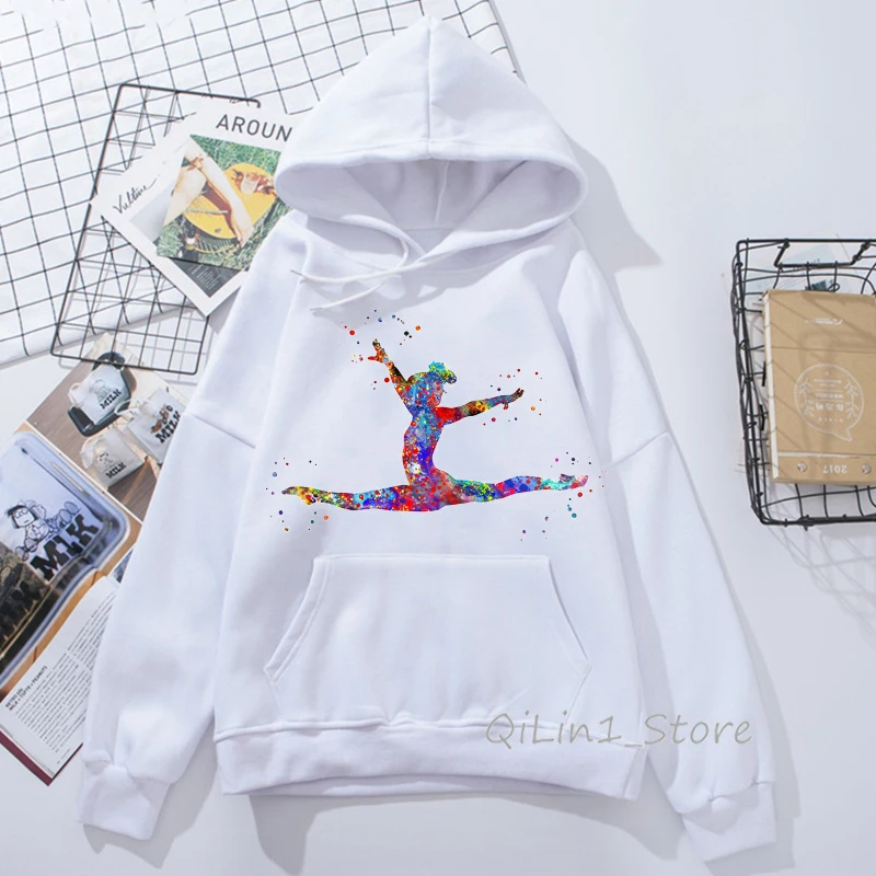 Watercolor Gymnastics Girl Design Harajuku Kawaii Hoodie Hat Sweatshirt 90s Tumblr Clothes Women Sports Gymnast Print Hoodies