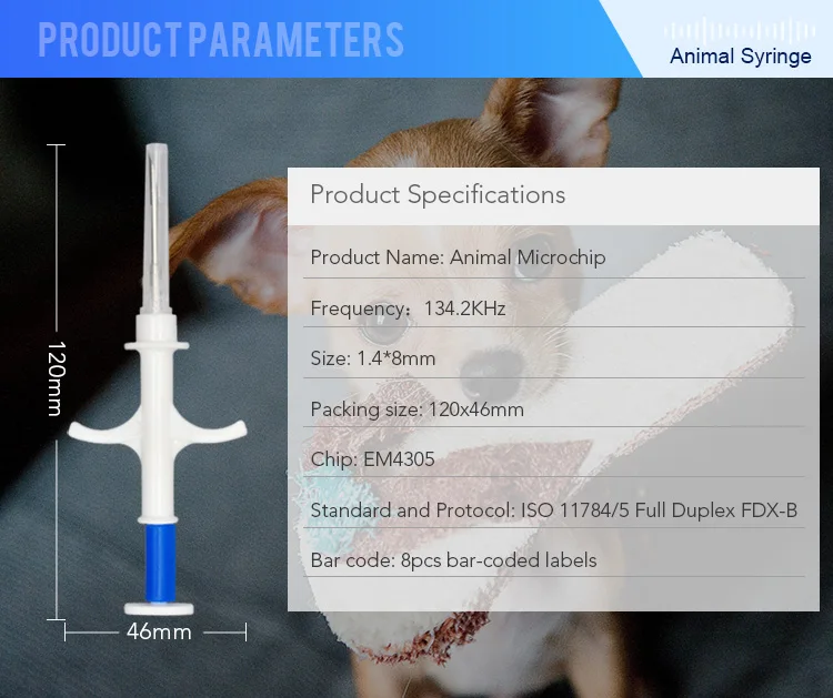 1.4*8mm Pet Microchip Animal 134.2KHZ mm Syringe ID Chip RFID FDX-B Fish PET ISO11784 ISO11785 For Animal Tracking