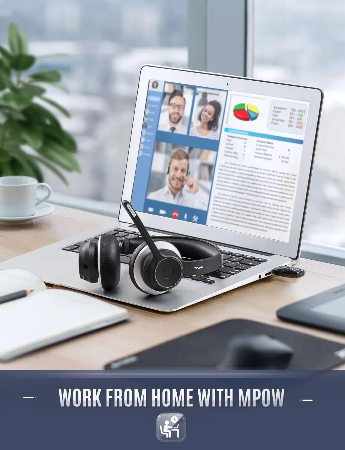 سماعات أذن Mpow طراز HC5 مزودة بتقنية البلوتوث 5.0 ومحول USB CVC8.0 وسماعة رأس مزدوجة لإلغاء الضوضاء مع وقت لعب 22H لأجهزة الكمبيوتر والعمل المكتبي