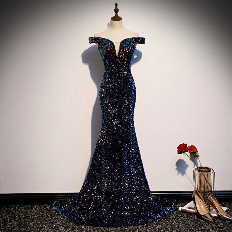 Robe De soirée De forme sirène, luxueuse tenue De bal De fin d'année, col bateau, paillettes, traîne, 2022