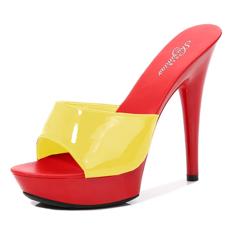 Scarpe da Donna Pantofola 2020 di Estate Belle Tacco 13 centimetri Scarpe Pantofola Della Piattaforma Della pelle Verniciata Pompa I Pattini Sexy