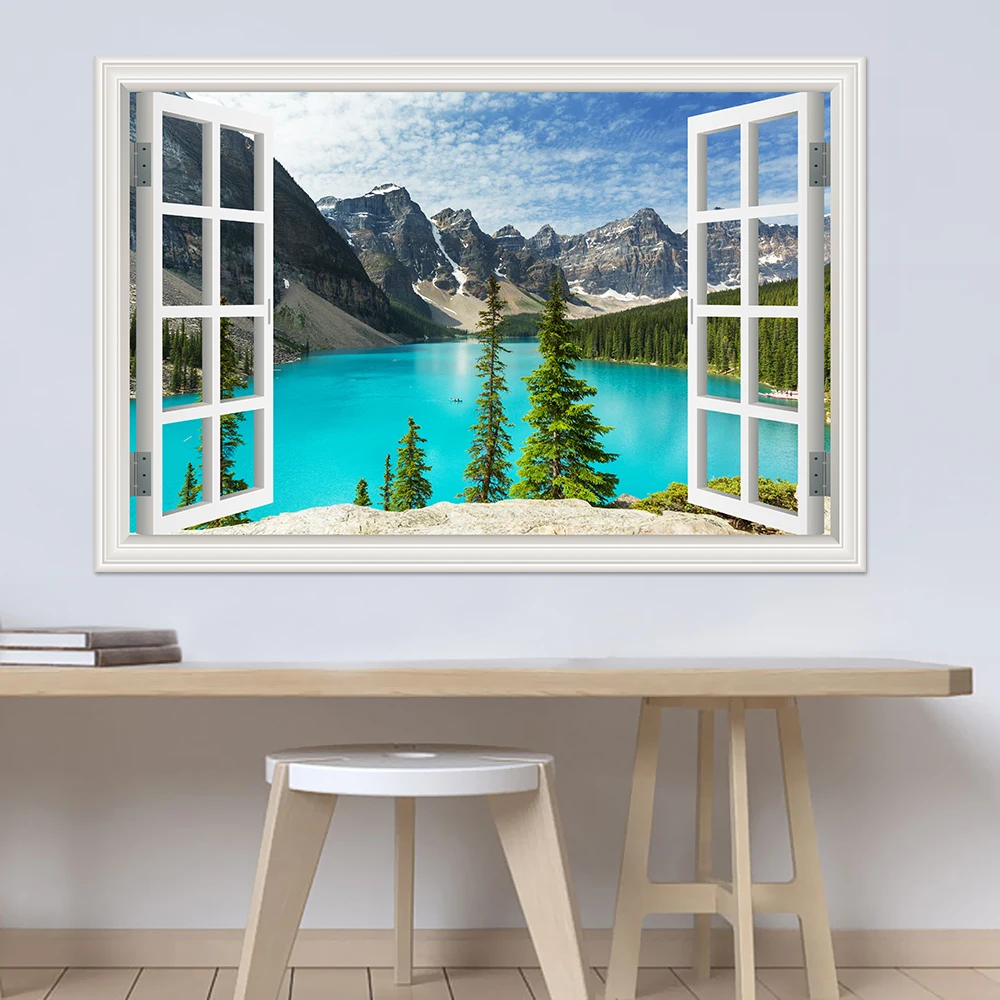 3D Window View Lake Landscape Wall Sticker Waterproof Wallpaper For Living Room Kitchen Decor Vinyl Decal Wall Stickers Poster