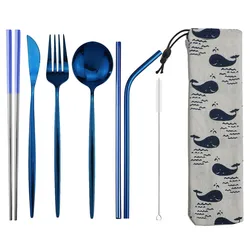 8pcs Dinneware Set Portable Travel Blue Cutlery Set Stainless Steel Knife Fork Spoon Chopsticks Straw Silverware with Pouch