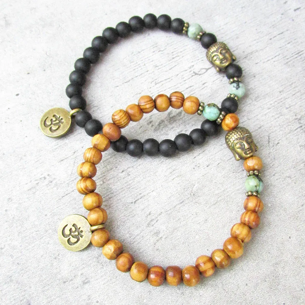 MG0935 New Design 6 MM Matte Black Tourmaline Bracelet Woodbeads Buddha Ohm Yoga Bracelet Natural Tuquoise Mala Bracelet