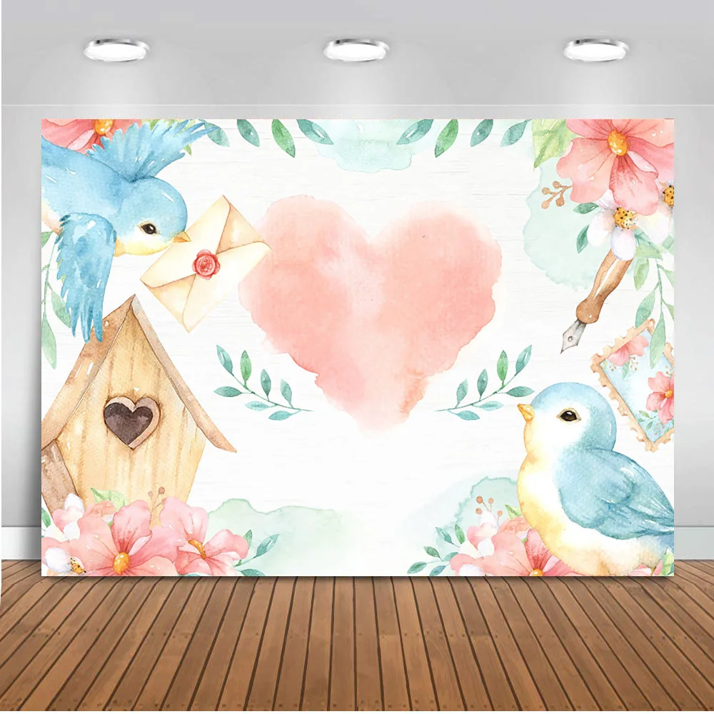 Birds Theme Valentine's Day Party Backdrop for Photography Pink Heart Writing Love Letter Background Wood House Watercolor Rose