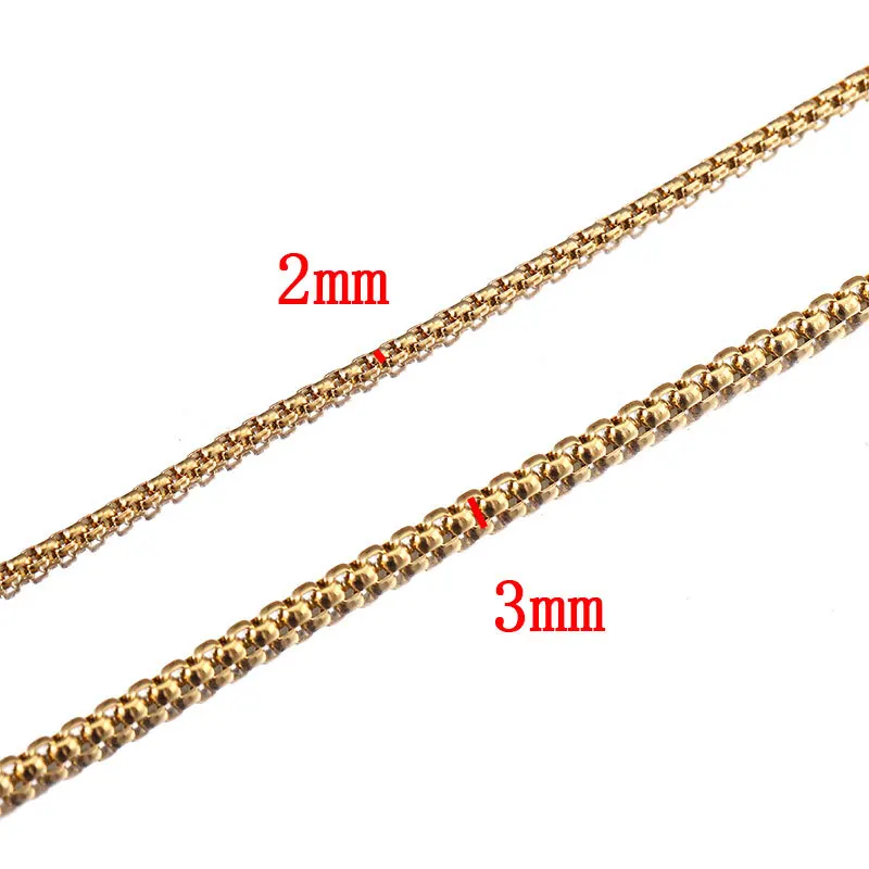 Aço Inoxidável 18K Gold-Plate Plating Chains, Round Box Chains, Quadrado Rolo Chains, DIY Jóias Fazendo Descobertas, 2mm, 3mm, 2m