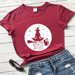 Namaste Witches 100% Cotton T-shirt Vintage Women Halloween Party Tshirt Funny Witch Meditation Yoga Workout Top Tee Shirt