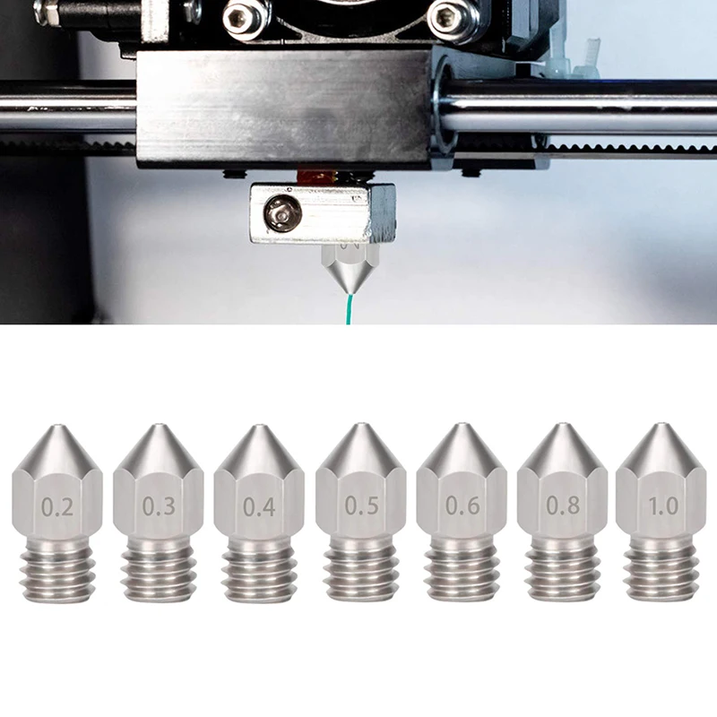 Boquilla roscada de piezas de acero inoxidable MK8, 0,2, 0,4, 0,5, 0,6, 0,8, 1,0mm, para filamento de 1,75mm, Anet A8, CR10, M6, Ender 3, Ender 5, 10 CR-10S