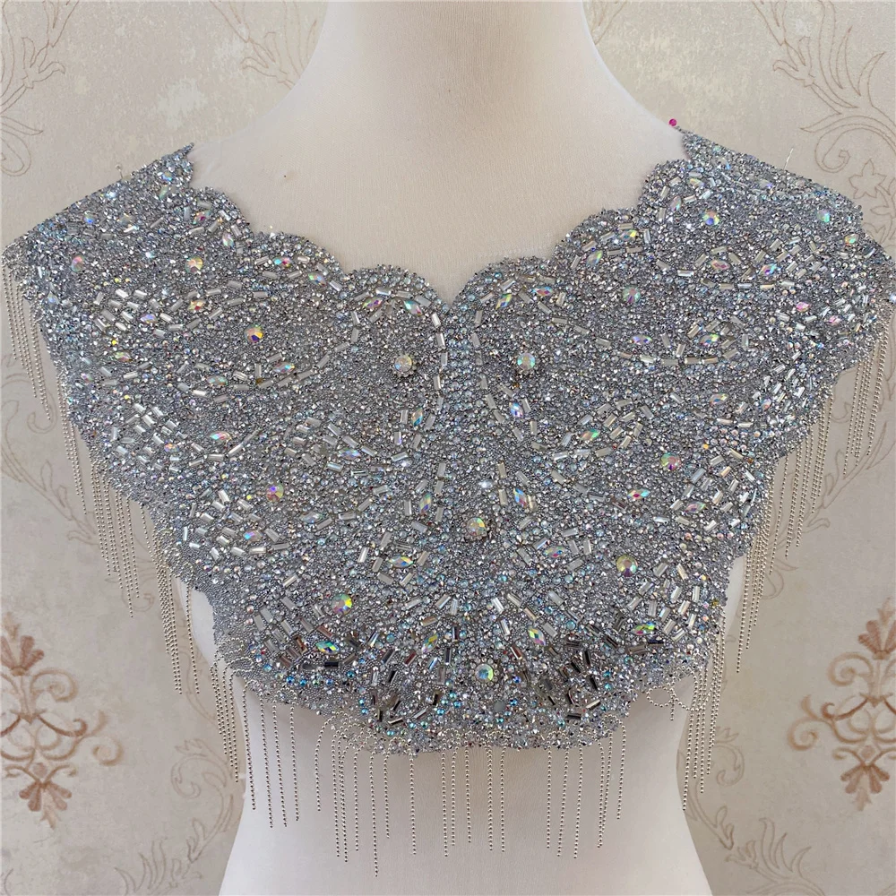 new Gold one side iron on  wedding embroidered crystal rhinestone collar necklace  appliques  with fringe