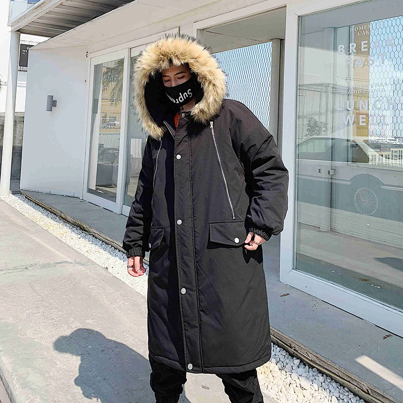 Winter Hip Hop Fashion Long Fur Collar Coat Cotton Jacket Hoodies Clothing Street Wear Outerwear & Coats Warm Thick