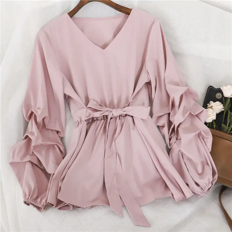 Korean Sweet Bow Lace-up V-neck Blouses Women Elegant Pleated Blousa Lantern Sleeve Casual Shirt Chic Elastic Waist Loose Tops