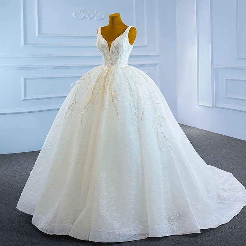 RSM67247-vestido de novia blanco de encaje con cuello en V profundo, vestido de novia de boda, decoración de cuentas de año 2021, diseño con cordones en la espalda, para banquete