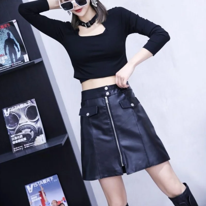 High Spring Waist Sheepskin A-Line Skirts Office Lady Solid Genuine Leather Buttons Pockets Zippers Decoration Women Wrap Skirts