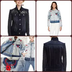 Spanish foreign trade  girl denim coat lapel heavy embroidery printed short coat fashion knit sleeve stitching