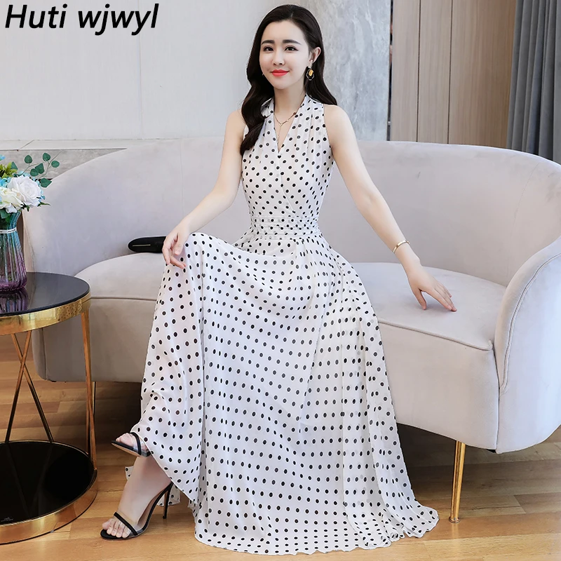 2024 Korean Short Sleeve Boho Sexy Midi Dress Elegant Women Bodycon Party Vestidos Summer Vintage White Dot Chiffon Beach Dress