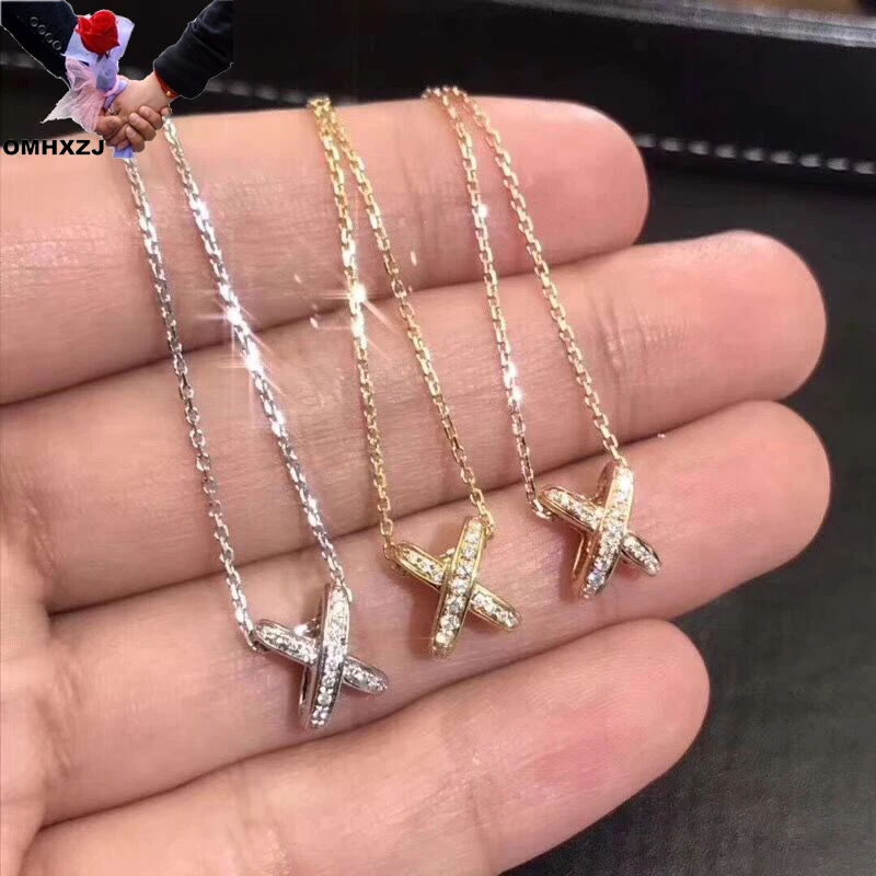 OMHXZJ Wholesale NA395 European Fashion Woman Girl Party Birthday Wedding Gift Cross AAA Zircon 18KT White Rose Gold Necklace