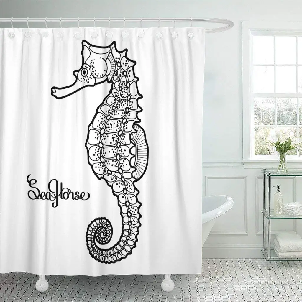 Graphic Seahorse Drawn in Line Ocean Creature Coloring Book Shower Curtain Waterproof Polyester Fabric 72 x 78 Inches Set