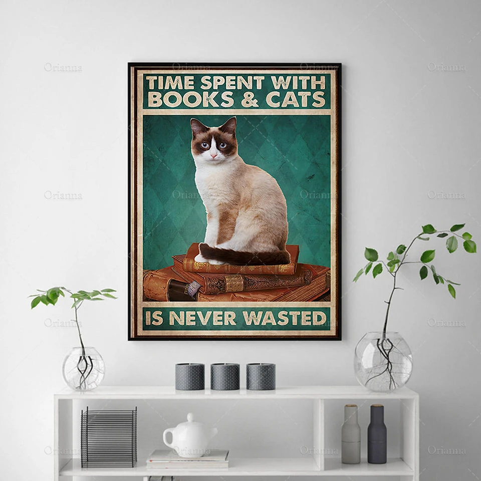 Time Spent with Books and Cats is Never Wasted, Cat Poster, Cat Print, Book Lover Art Print, Gift idea Wall Art Poster Print