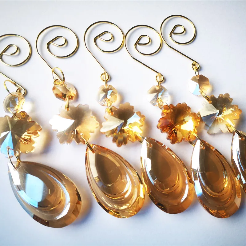 5PC Champagne K9 Crystal Tear Drop Pendants (Octagon And Snow Bead With 50mm Drop) By Gold Spiral Hooks Christmas Tree Hanging