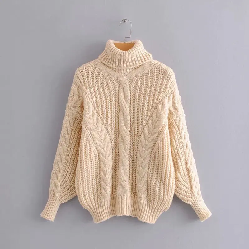 Long-sleeved Lazy Wind Turtleneck Knitted Sweater Female Twist Stripe Loose Simple Breathable Fashion Sweater Pullover Women