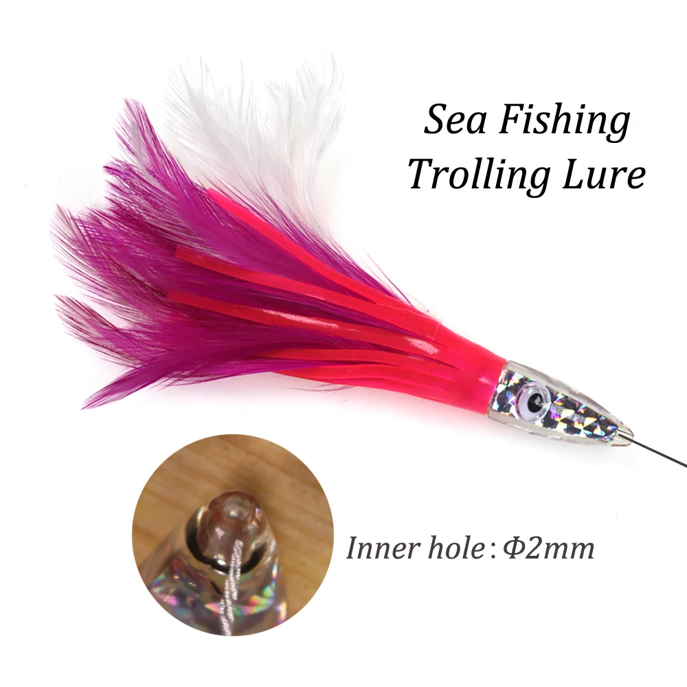 14cm/30g Acrylic Resin Head Octopus Feather Skirt Lure Weighted Sea Fishing Big Trolling Jig Bait for Tuna Wahoo Fishing 5 Color